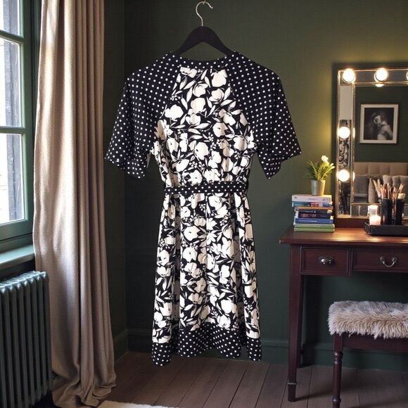 Adrienne Vittadini NWT Dress Small Black White Polka Dot Floral Pinup Rockabilly - Picture 2 of 9